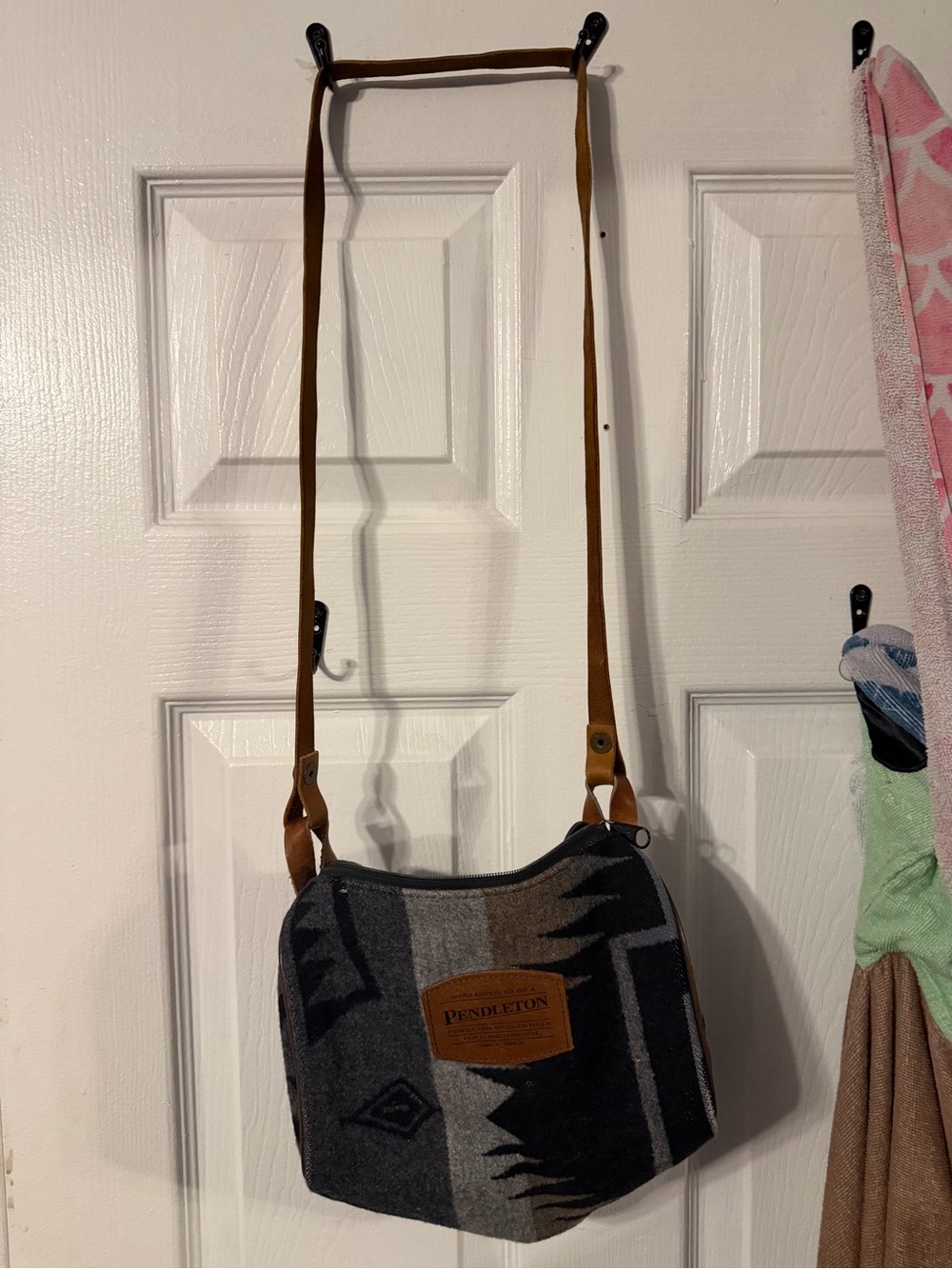 Pendleton Gray & Black Patterned Messenger Crossbody with Tan Leather Strap